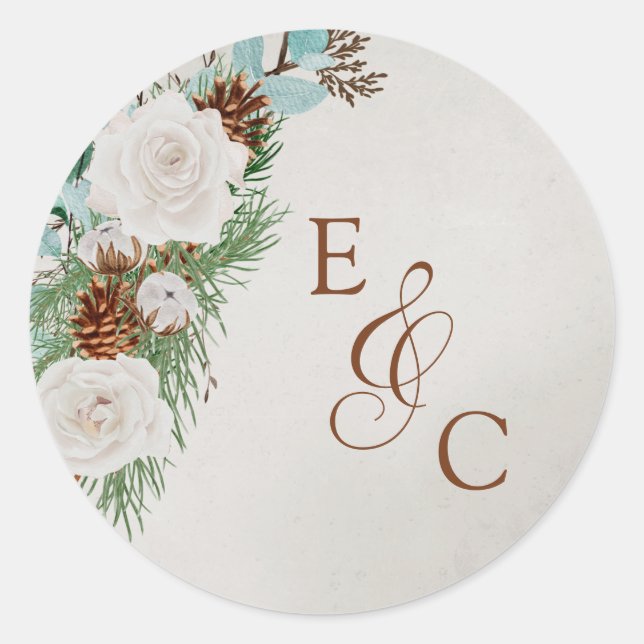 Winter White Rose and Pine Cone Wedding Monogram Classic Round Sticker (Front)