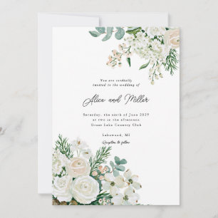 Winter White Roses Dogwood and Spruce Wedding Invitation