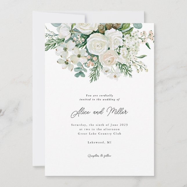 Winter White Roses Dogwood and Spruce Wedding Invitation (Front)