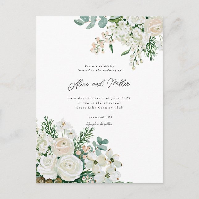 Winter White Roses Dogwood and Spruce Wedding Postcard (Front)