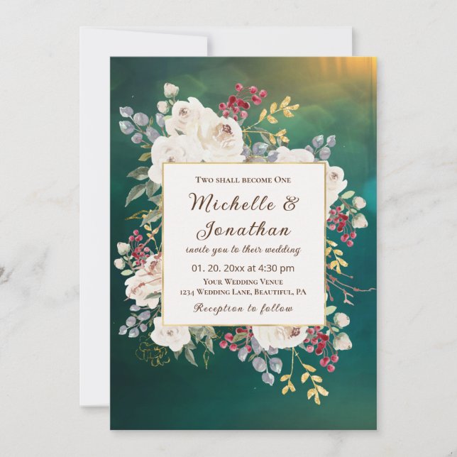 Winter White Roses on Green Christian Wedding Invitation (Front)