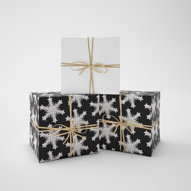 Winter White Snowflakes on a Night Black Sky  Wrapping Paper (Creator Uploaded)