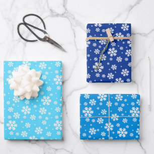Winter White Snowflakes on Blue Background Wrapping Paper Sheet