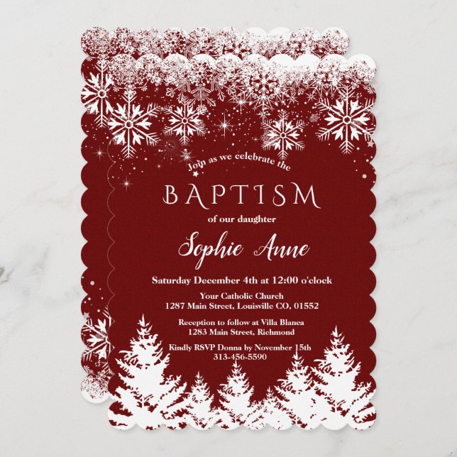 Winter White Snowflakes Red Glitter Girl Baptism Invitation (Front/Back)