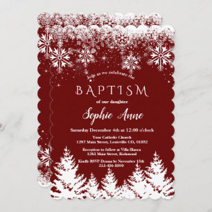 Winter White Snowflakes Red Glitter Girl Baptism Invitation