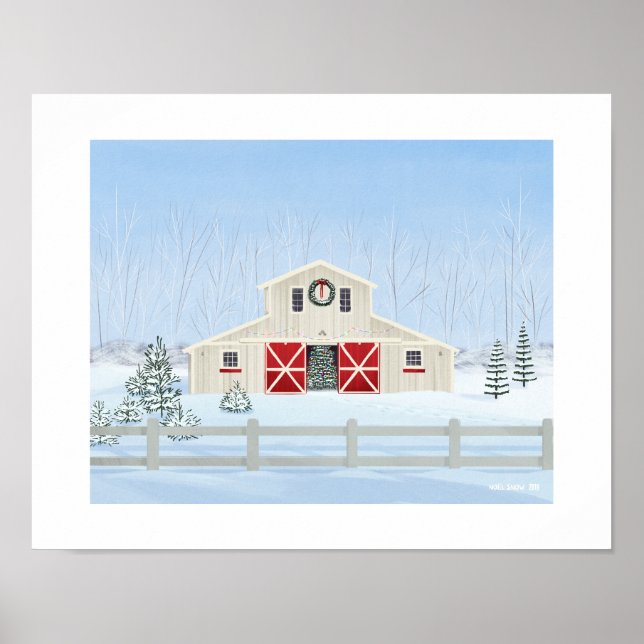 Winter White Snowy Christmas Barn Art Print (Front)