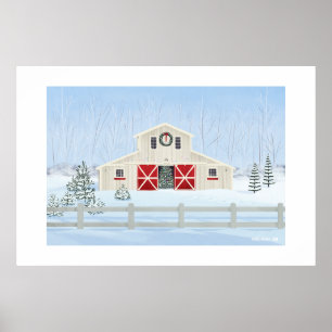 Winter White Snowy Christmas Barn Large Print