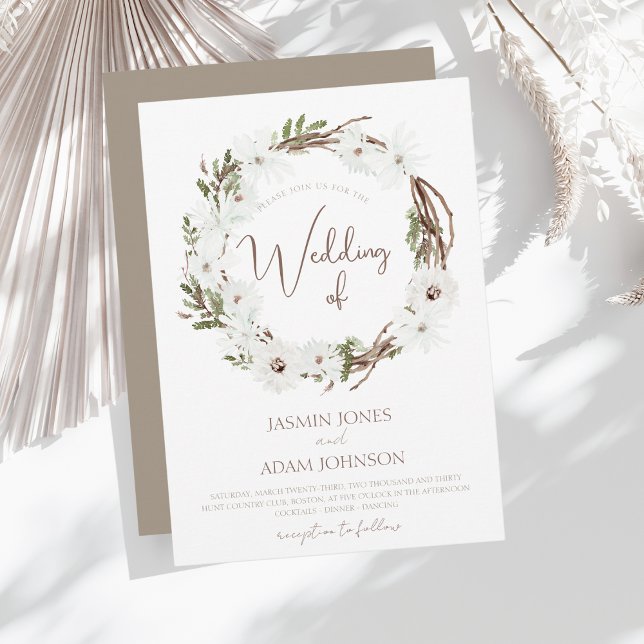 Winter White Taupe Floral Christmas Wreath Wedding Invitation (Creator Uploaded)