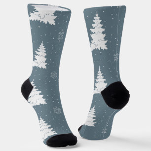 Winter White Trees on Dusky Blue Background Socks