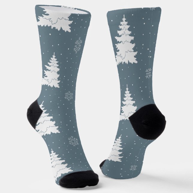 Winter White Trees on Dusky Blue Background Socks (Angled)