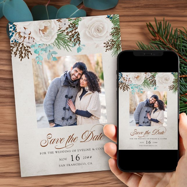 Winter White Wedding Roses and Pine Photo Save The Date (Photo Save the Date for christmas engagement or Winter Wedding wth elegant calligraphy)