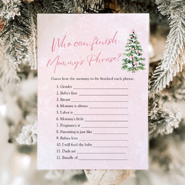 Winter Who Can Finish Mummy's Phrase Baby Shower Invitation (Pink Bow Christmas Who Can Finish Mommy's Phrase Baby Shower Game)