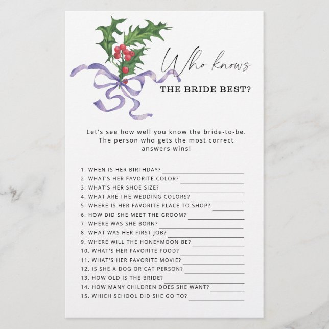 Winter Who knows the bride best game (Front)