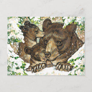 Winter Wildlife Art Black Bear Mother and Cubs Postcard