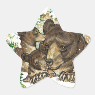 Winter Wildlife Art Black Bear Mother and Cubs Star Sticker