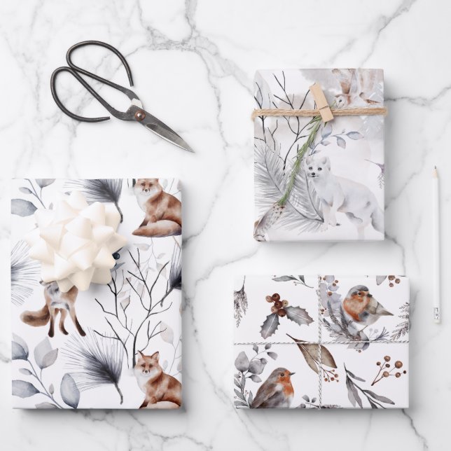 Winter Wildlife Fox Birds Ermine Seasonal Greenery Wrapping Paper Sheet (Front)