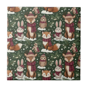 Winter Wildlife with Foxes, Deer, and Owls Ceramic Tile