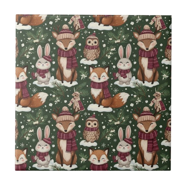 Winter Wildlife with Foxes, Deer, and Owls Ceramic Tile (Front)