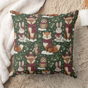 Winter Wildlife with Foxes, Deer, and Owls Cushion