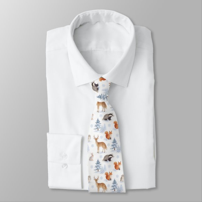 Winter Wildlife Woodland Snow Animals Pattern Tie (Tied)