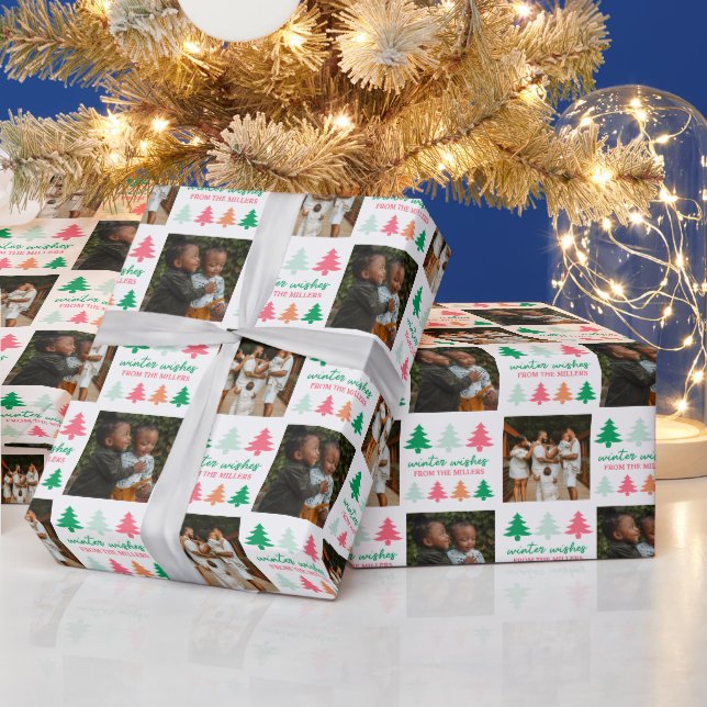 Winter Wishes Pink Christmas Trees Photo Wrapping Paper (Holidays)