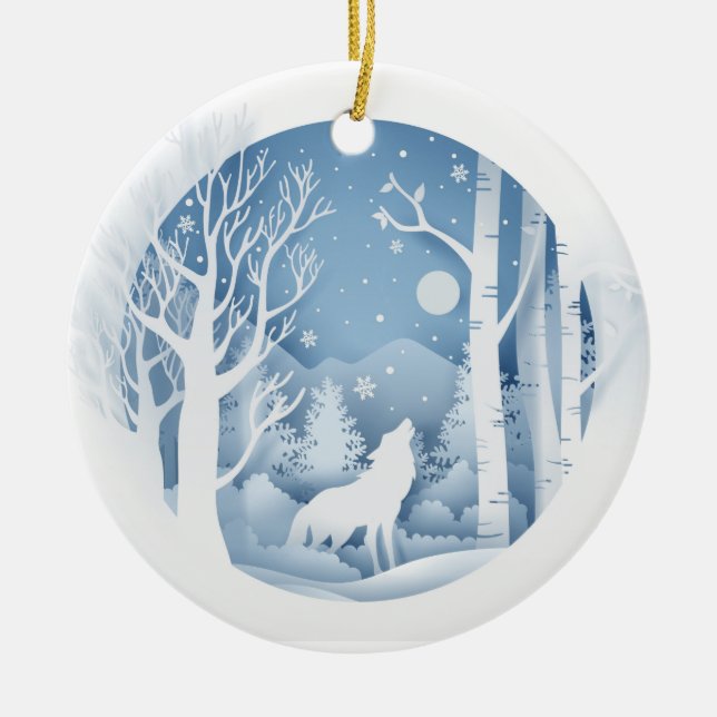 Winter Wolf Ceramic Ornament (Front)