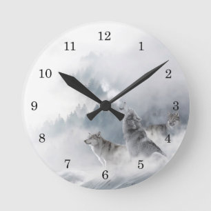Winter Wolf Howling in Snow Round Clock