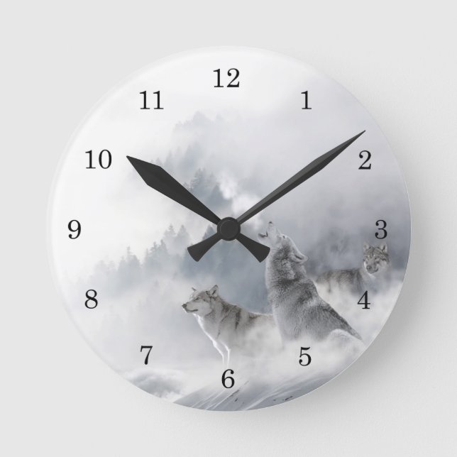 Winter Wolf Howling in Snow Round Clock (Front)
