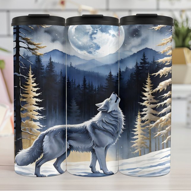 Winter Wolf, Moonlight Howl, Snowy Forest. Thermal Tumbler (Creator Uploaded)