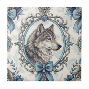 Winter Wolf Portrait in Ornate Blue & Grey Frame Ceramic Tile