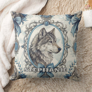 Winter Wolf Portrait in Ornate Blue & Grey Frame Cushion