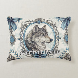 Winter Wolf Portrait in Ornate Blue & Grey Frame Decorative Cushion