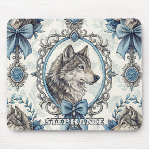 Winter Wolf Portrait in Ornate Blue & Grey Frame Mouse Pad