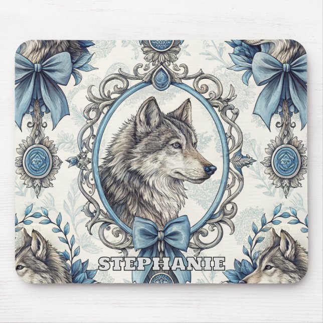 Winter Wolf Portrait in Ornate Blue & Grey Frame Mouse Pad (Front)