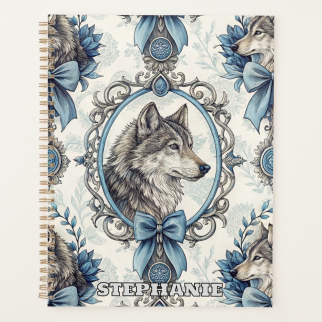 Winter Wolf Portrait in Ornate Blue & Grey Frame Planner (Front)