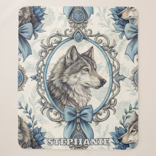 Winter Wolf Portrait in Ornate Blue & Grey Frame Sherpa Blanket