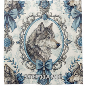 Winter Wolf Portrait in Ornate Blue & Grey Frame Shower Curtain