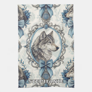 Winter Wolf Portrait in Ornate Blue & Grey Frame Tea Towel
