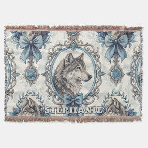 Winter Wolf Portrait in Ornate Blue & Grey Frame Throw Blanket