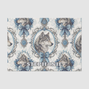 Winter Wolf Portrait in Ornate Blue & Grey Frame Tissue Paper