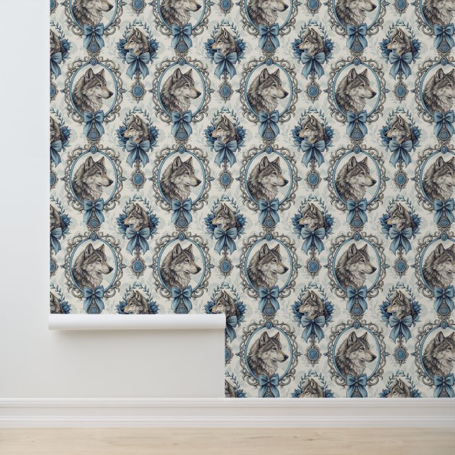 Winter Wolf Portrait in Ornate Blue & Grey Frame Wallpaper (Application)