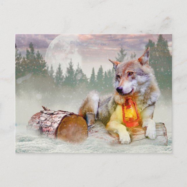 Winter Wolf Snow Christmas Scene  Postcard (Front)