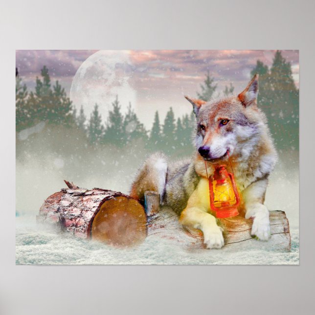 Winter Wolf Snow Christmas Scene Poster (Front)