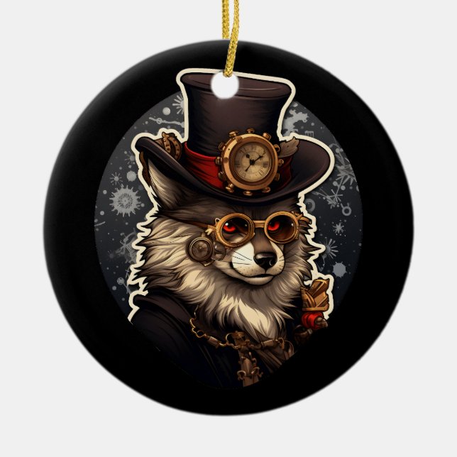 Winter wolf steampunk ceramic ornament (Front)