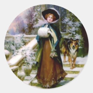 Winter Woman Collie Dog Victorian Hand Muff Classic Round Sticker