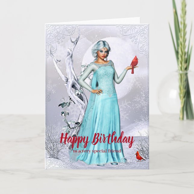 Winter Woman with Cardinal Birds Birthday Card (Front)