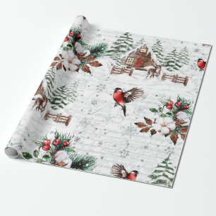 Winter Wonder Cabin Forest Bird Vintage Wrapping Paper