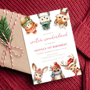 Winter Wonderful Woodland Animals Birthday Party Invitation