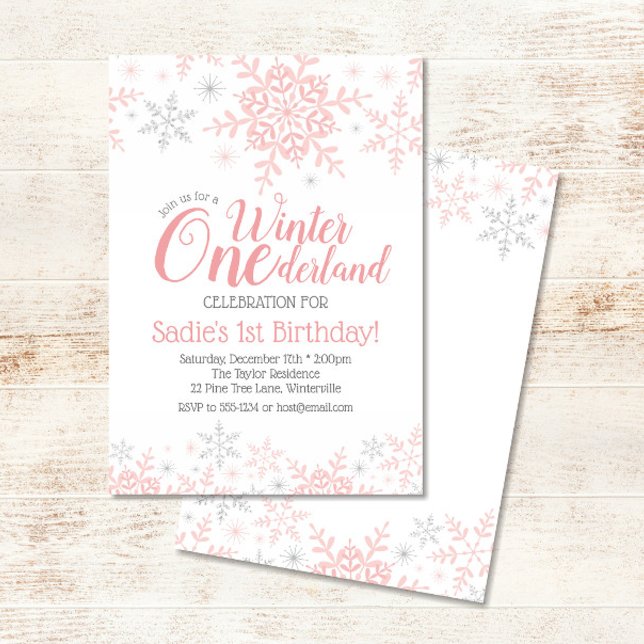Winter Wonderland 1st Birthday Girl Pink Silver Invitation (Creator Uploaded)