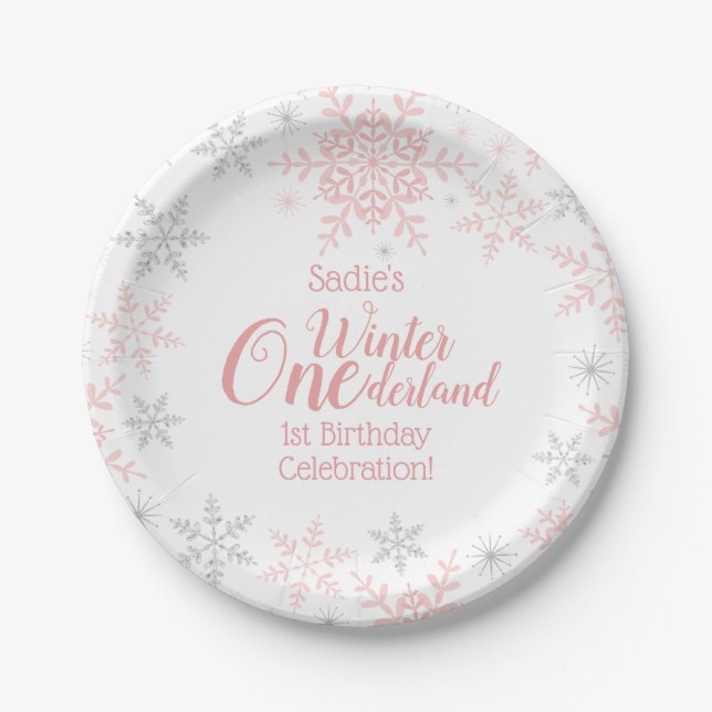 Winter Wonderland 1st Birthday Pink Snowflakes Paper Plate (Front)